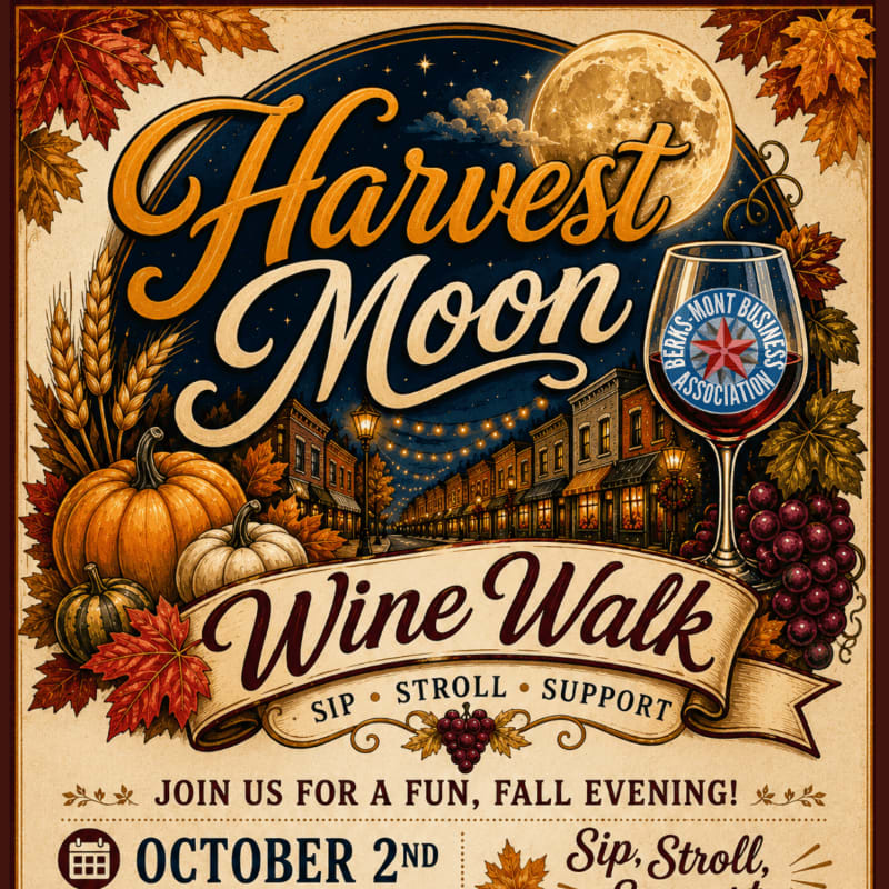 Autumn leaves, pumpkins, and a glass of red wine frame a central scene of a moonlit town street under a large harvest moon.