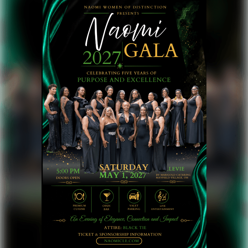 A group of women in elegant black gowns stands in the foreground against a dark, luxurious background accented with flowing green silk fabric and gold text for the Naomi Gala 2027.