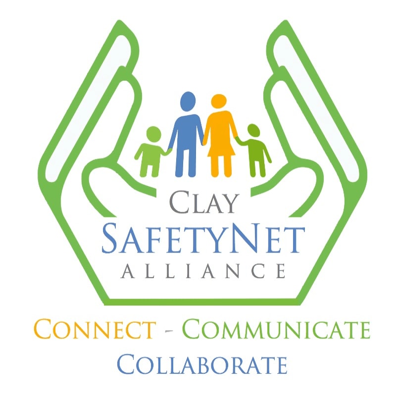 Green hands cradle a stylized family of four above the text "CLAY SAFETYNET ALLIANCE" and the words "CONNECT - COMMUNICATE - COLLABORATE" in yellow and blue.