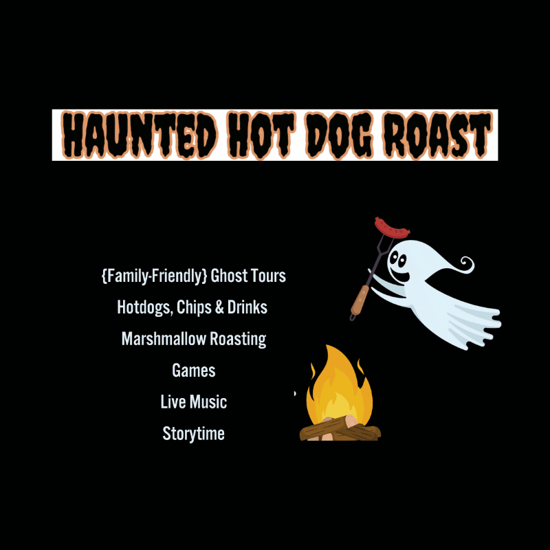 A cartoon ghost roasting a hot dog over a campfire and a list of activities are set against a solid black background.