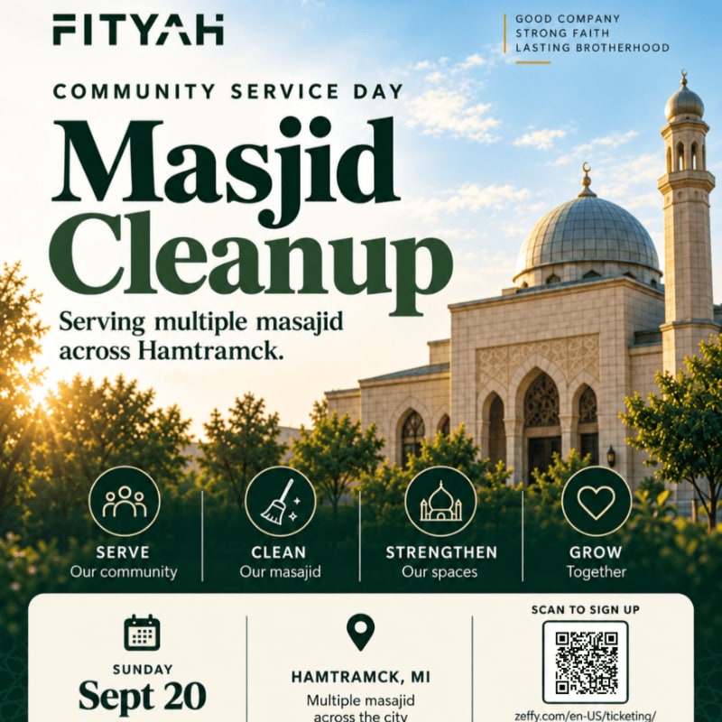 A promotional flyer for a Masjid Cleanup event features bold text and service goals in the foreground, set against a background of a grand mosque and lush green trees under a bright sky.