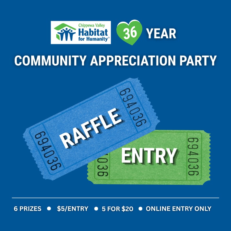 Two raffle tickets, one blue and one green, sit in the foreground against a solid blue background featuring text for a Habitat for Humanity community appreciation party.