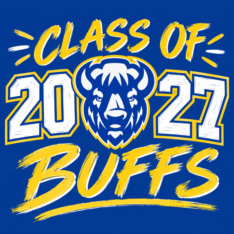 Yellow and white text reading "CLASS OF 2027 BUFFS" surrounds a blue and white bison logo against a solid blue background.