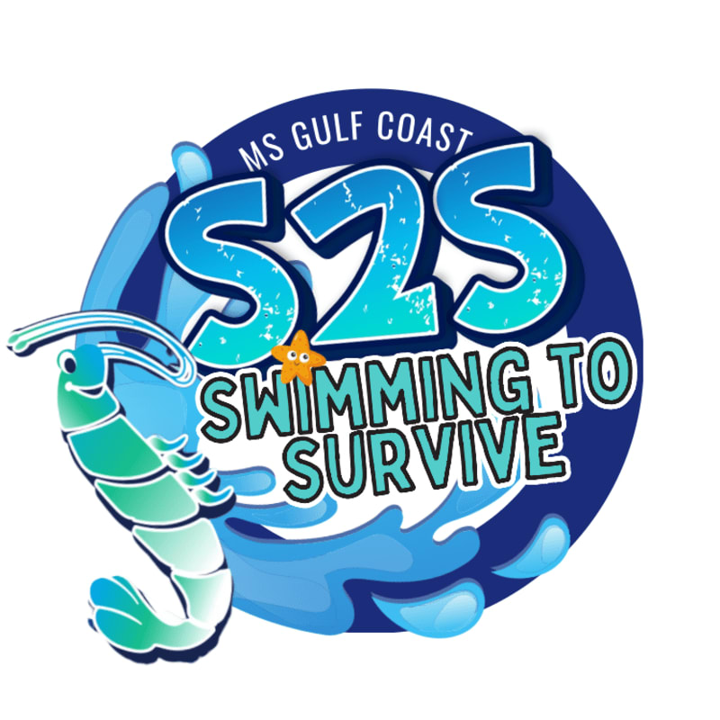 A stylized shrimp and the text "S2S SWIMMING TO SURVIVE" are set against a circular blue background with ocean waves.