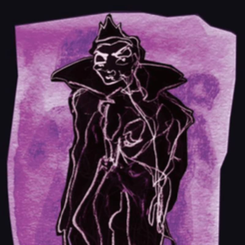 A dark, outlined figure of a vampire stands against a textured purple background.