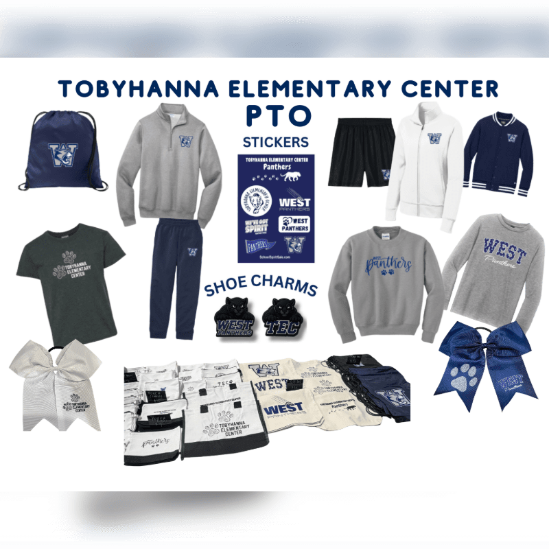 Various pieces of Tobyhanna Elementary Center PTO branded apparel and accessories are displayed against a plain white background.
