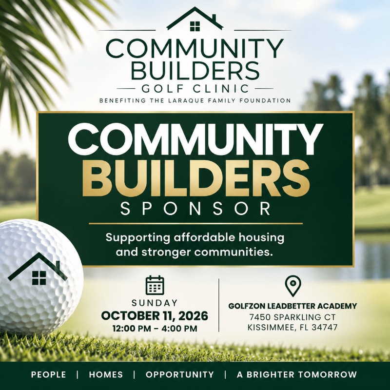 A promotional flyer for a golf clinic features a large golf ball in the foreground against a blurred background of a green golf course and palm trees.