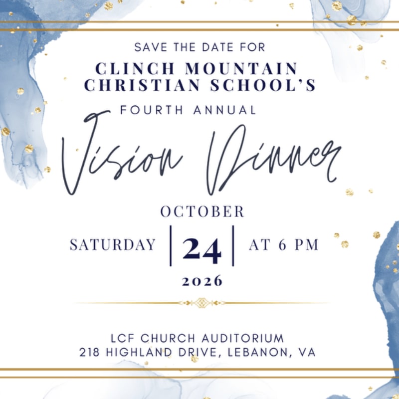 An invitation for the Clinch Mountain Christian School's Fourth Annual Vision Dinner is centered on a white background framed by blue and gold watercolor accents.