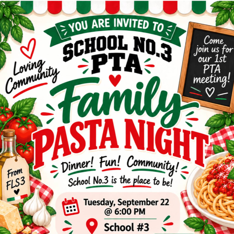 A colorful invitation for a "Family Pasta Night" features bold text in the center, surrounded by illustrations of tomatoes, garlic, and a bowl of pasta in the foreground against a white background with a red and green border.