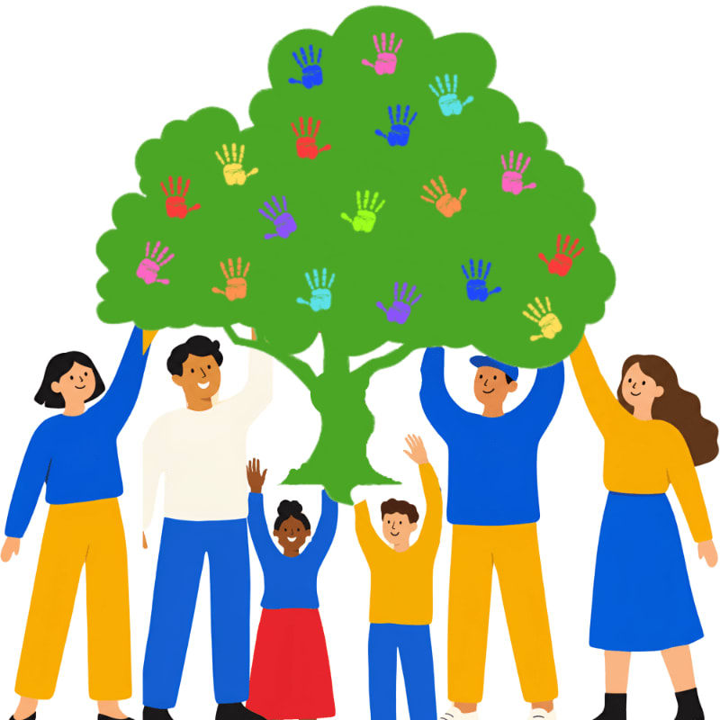 A diverse group of people stand in the foreground holding up a large green tree adorned with colorful handprints against a plain white background.