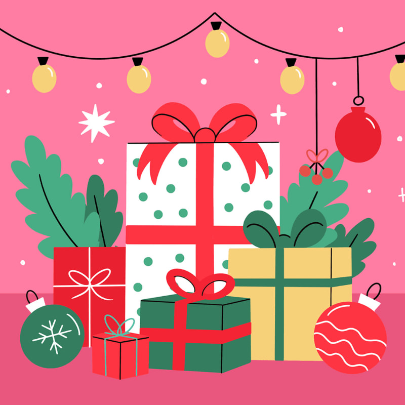 Colorful wrapped gift boxes and ornaments sit in the foreground against a pink background decorated with a string of lights.