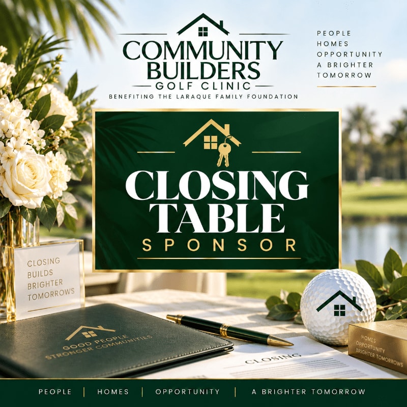 A promotional graphic for a golf clinic features a "Closing Table Sponsor" sign and a golf ball in the foreground, with a blurred outdoor landscape in the background.