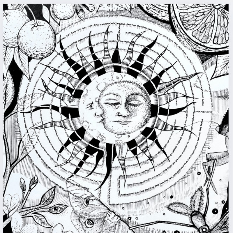 A stylized sun and moon face are centered in the foreground, surrounded by a background of intricate line art featuring fruit, leaves, and surreal elements.