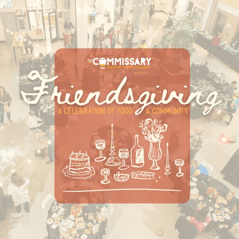 A red promotional graphic for "Friendsgiving" is centered over a blurred, high-angle view of a crowded indoor market.