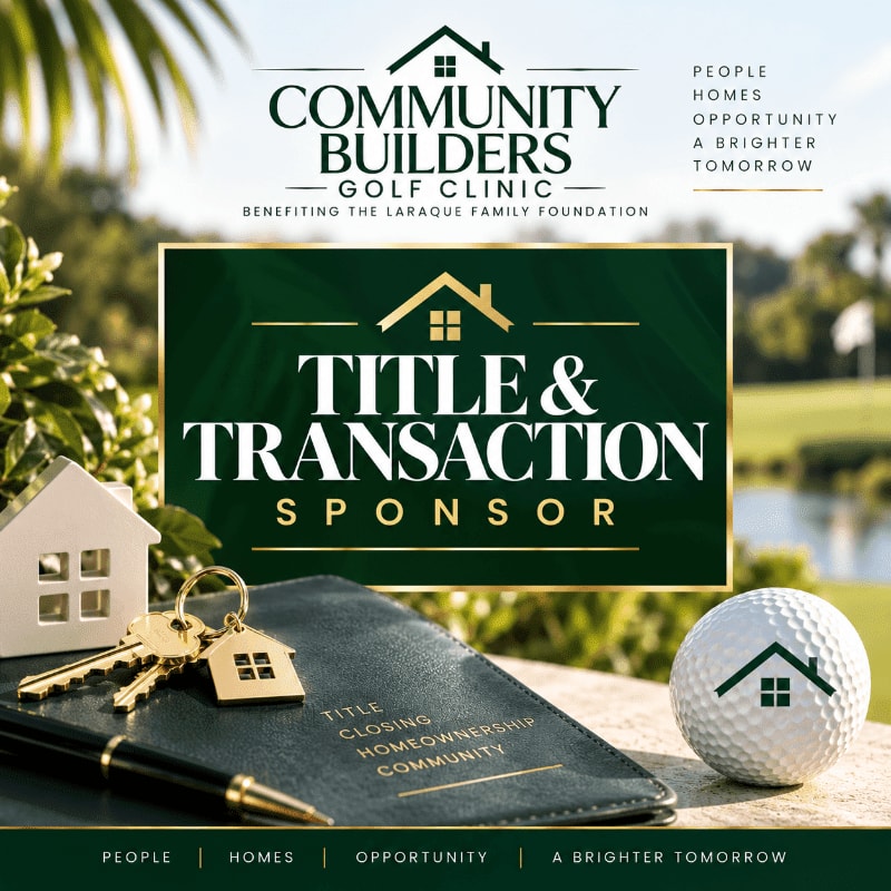 A small house model, keys, a notebook, and a golf ball sit in the foreground against a blurred background of a sunny golf course and a promotional graphic for the Community Builders Golf Clinic.