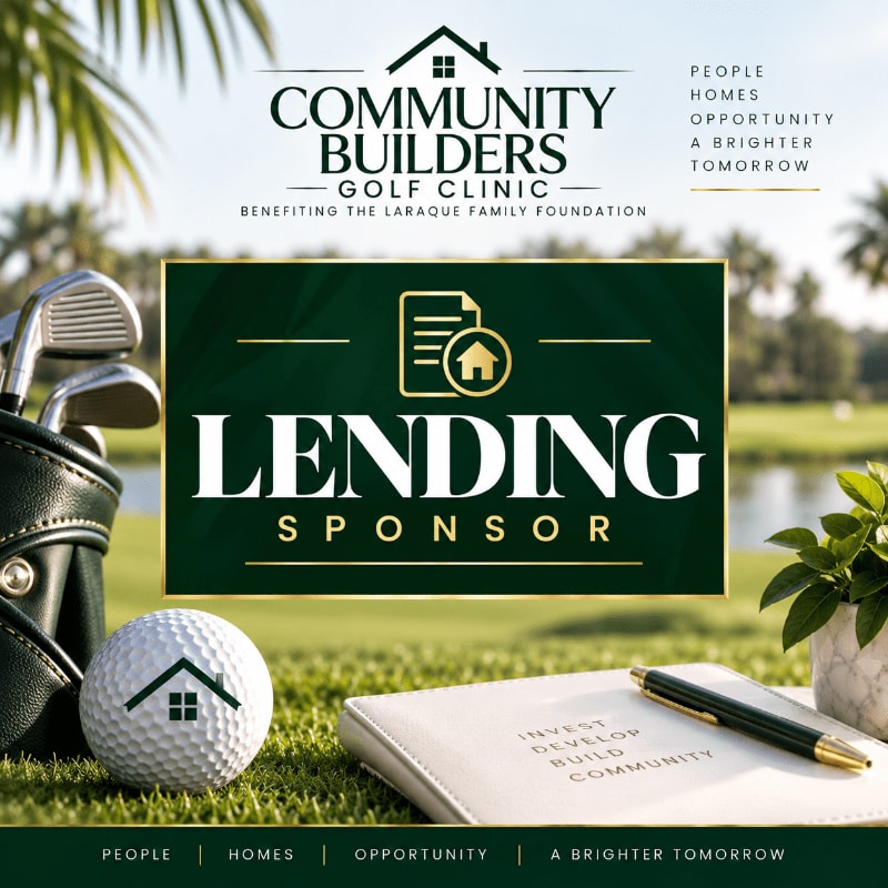 A "Lending Sponsor" graphic is overlaid on a scene featuring a golf ball, notebook, and clubs in the foreground with a sunny golf course and palm trees in the background.