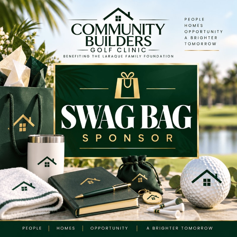 Promotional golf merchandise and a "Swag Bag Sponsor" sign sit in the foreground against a blurred outdoor golf course background.