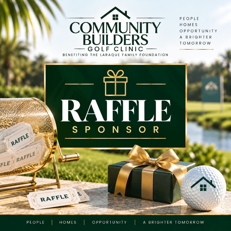 A raffle drum, gift box, and golf ball sit in the foreground against a blurred background of a sunny golf course and a promotional graphic for Community Builders.