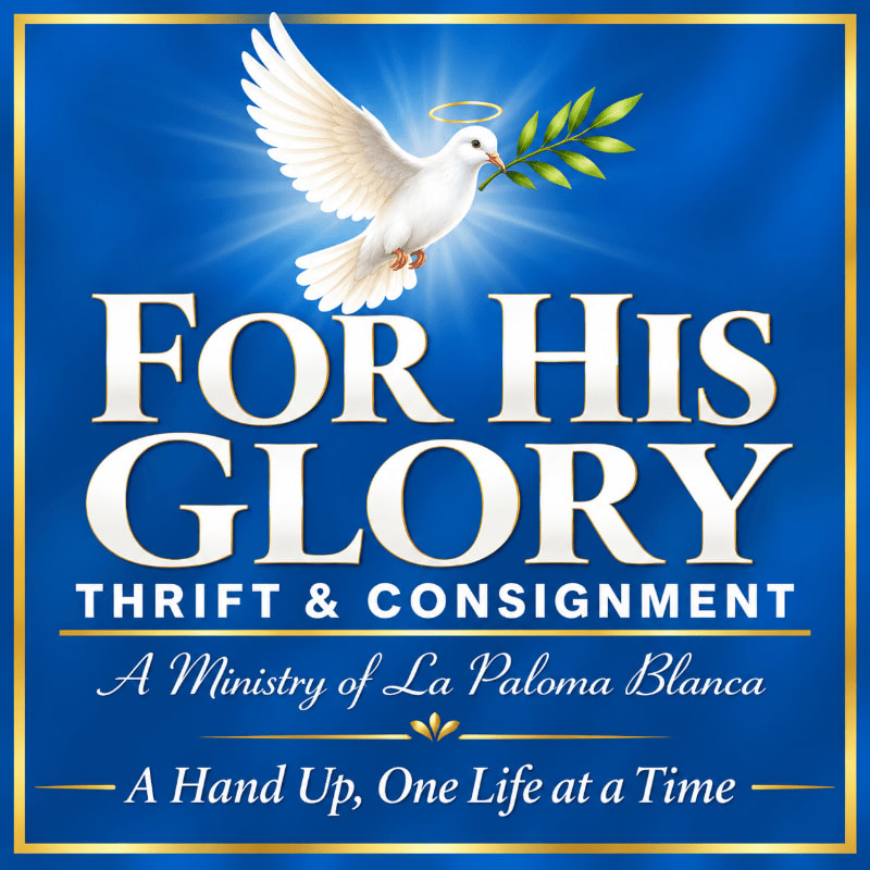 A white dove with a halo and olive branch flies above the text "FOR HIS GLORY THRIFT & CONSIGNMENT" against a glowing blue background.