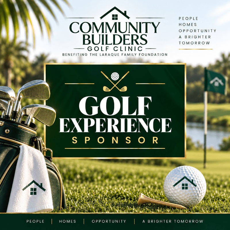 A golf bag, ball, and tee sit in the grassy foreground, while a "Golf Experience Sponsor" sign and a distant golf course with a flag and palm trees fill the background.