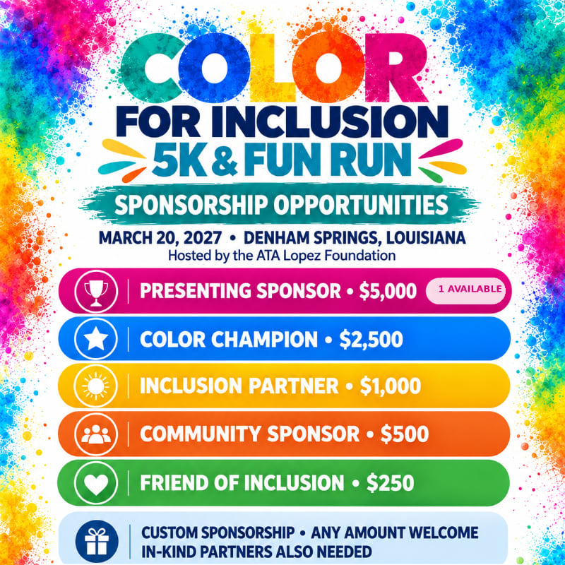 A colorful sponsorship flyer for the "Color for Inclusion 5K & Fun Run" is set against a vibrant, multi-colored paint splatter background.