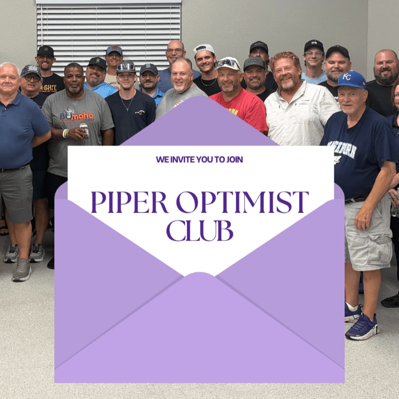 A purple envelope inviting people to join the Piper Optimist Club is superimposed over a group of men standing together indoors.