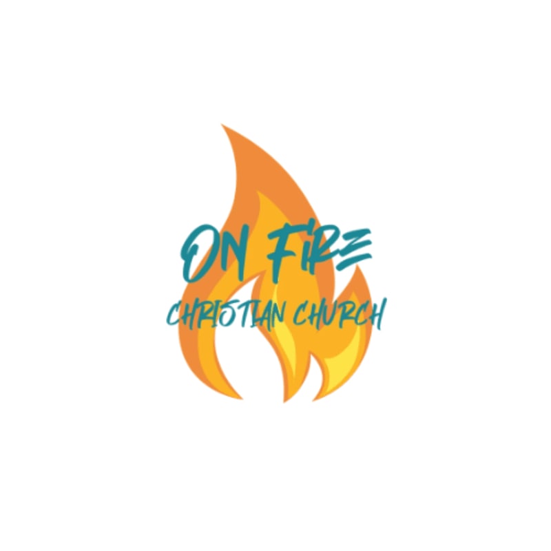 A stylized orange flame with the teal text "ON FIRE CHRISTIAN CHURCH" is centered against a plain white background.