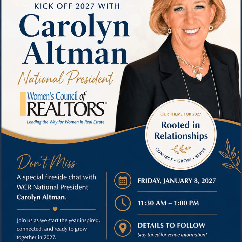 A professional portrait of Carolyn Altman and event details for the Women's Council of REALTORS are set against a clean white and deep blue background.