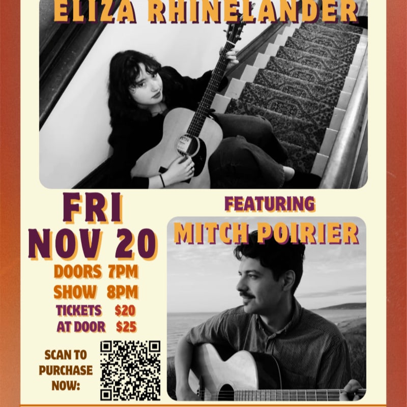 A promotional concert poster features black and white photos of musicians Eliza Rhinelander and Mitch Poirier in the foreground against a cream and red background with event details.
