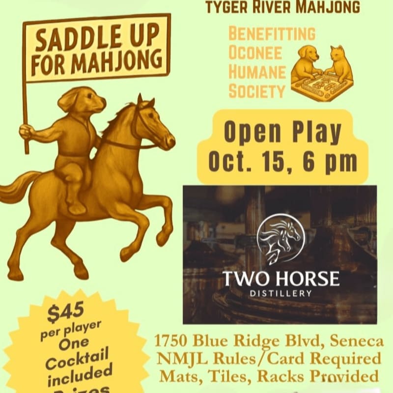 An illustration of a dog riding a horse holding a sign is set against a light green background featuring event details for Tyger River Mahjong at Two Horse Distillery.