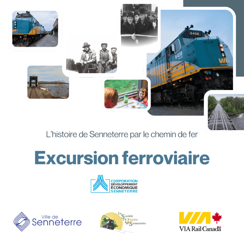 A collage of train-related photographs and historical images sits above blue and black text and organizational logos on a white background.