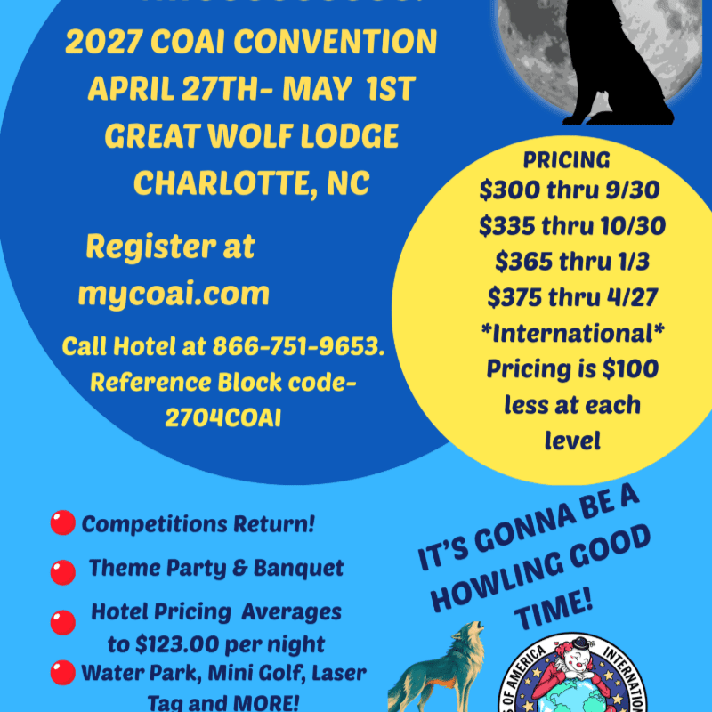 A blue and yellow promotional flyer for the 2027 COAI Convention features event details and pricing in the foreground, with a silhouette of a wolf against a full moon in the background.