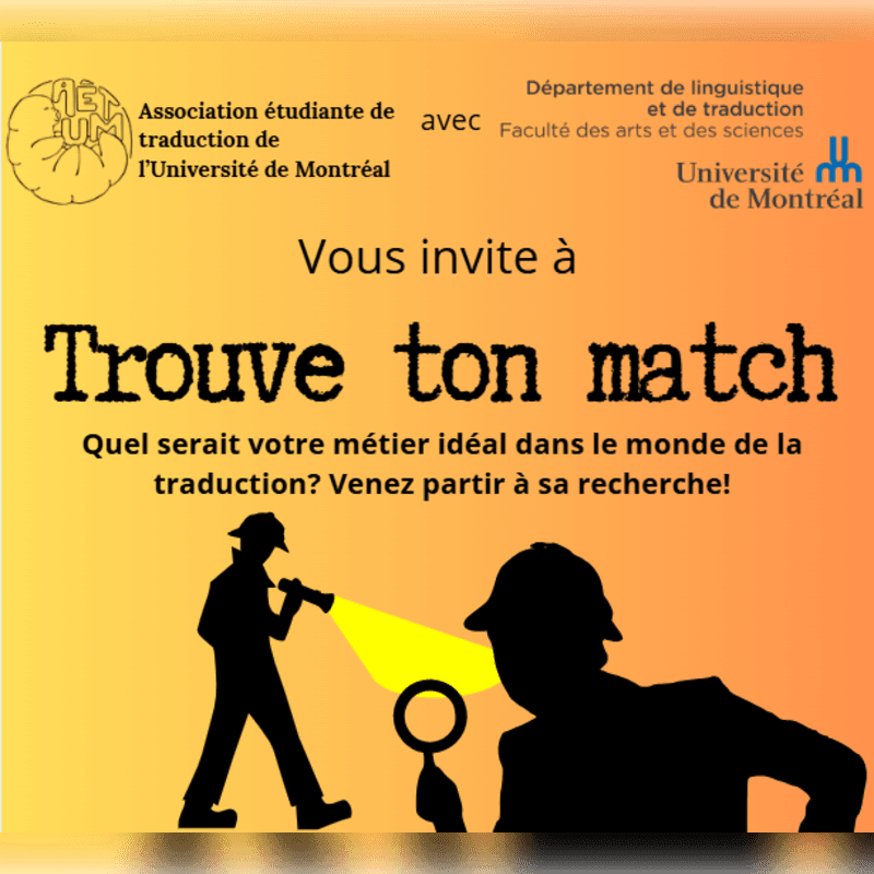 Black silhouettes of people with a flashlight and magnifying glass appear in the foreground against an orange background featuring French text and university logos.