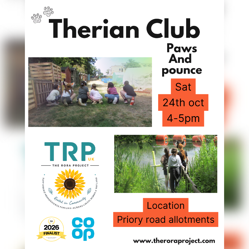 A promotional flyer for a Therian Club event features photos of people outdoors in a garden and by a stream, set against a white background with text and logos.