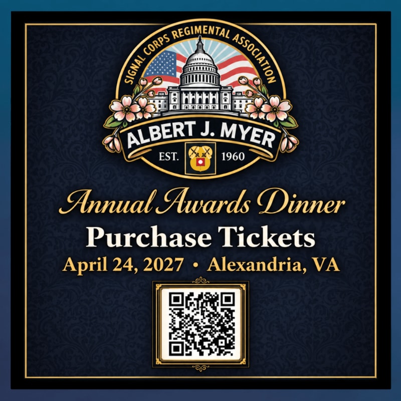 An invitation for the Albert J. Myer Annual Awards Dinner featuring a regimental seal and QR code set against a dark blue damask background.