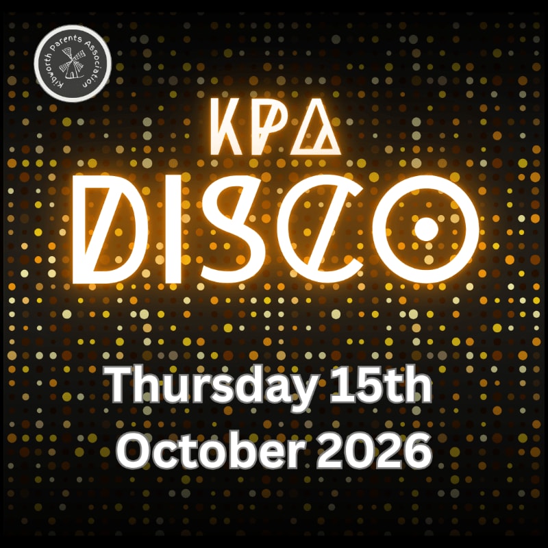 Glowing white and orange text announcing a "KPA DISCO" on October 15th, 2026, sits against a dark background filled with shimmering gold bokeh lights.