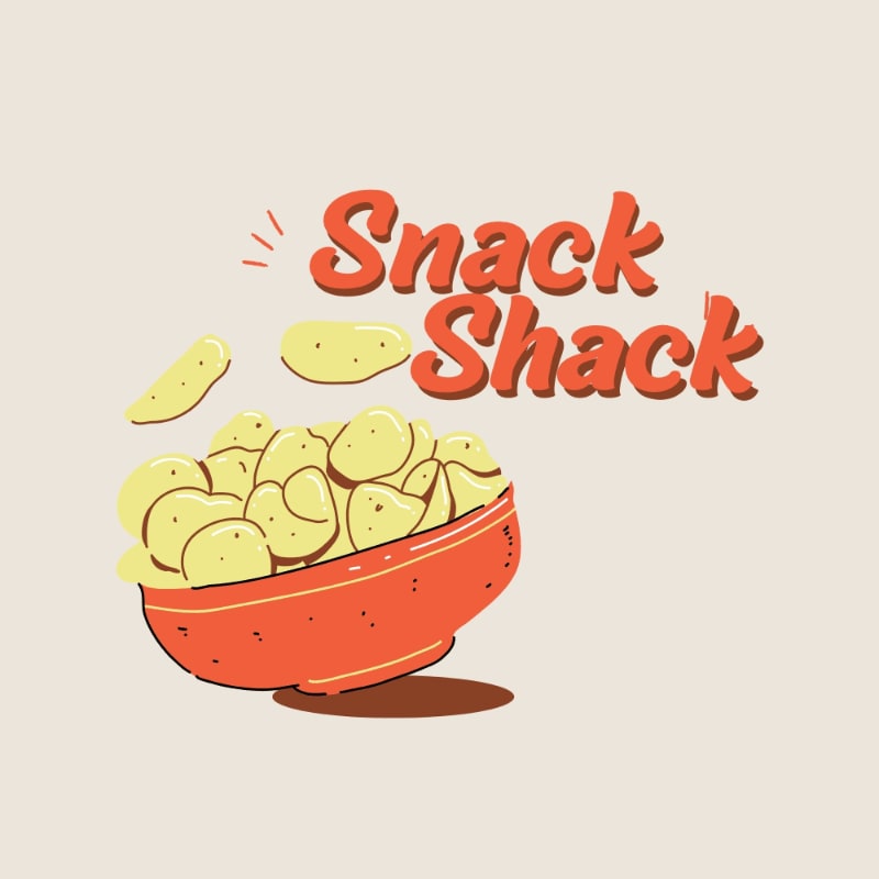 A red bowl filled with potato chips sits in the foreground against a plain beige background with the words "Snack Shack" written in orange.