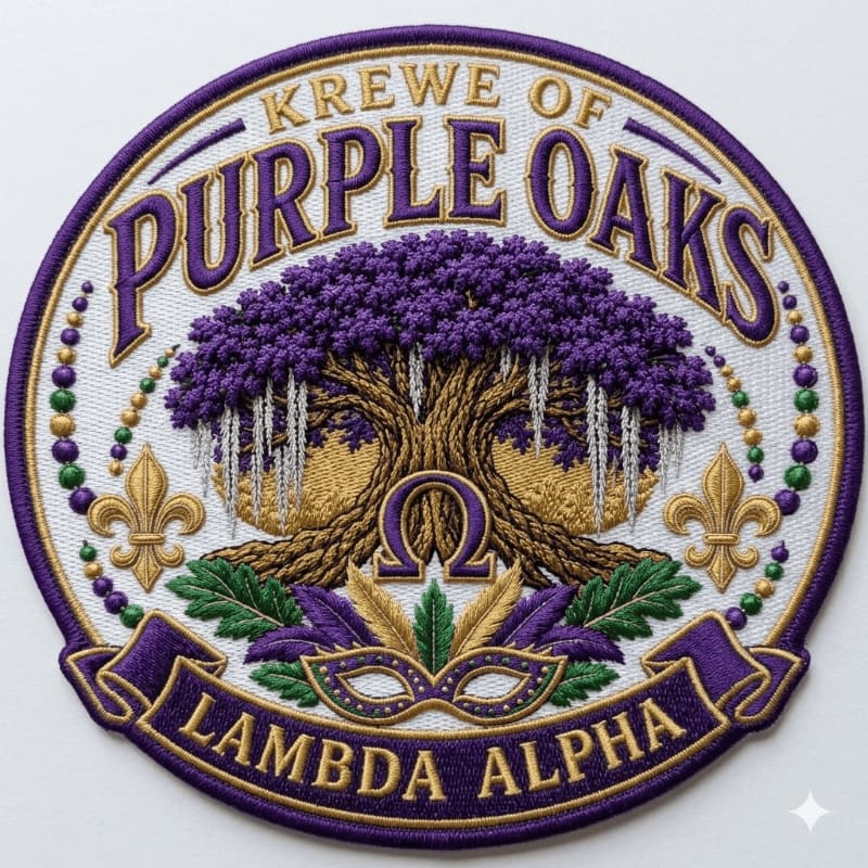 A circular embroidered patch features a purple oak tree and a masquerade mask in the foreground, set against a white background with gold fleur-de-lis and the text "KREWE OF PURPLE OAKS" and "LAMBDA ALPHA."
