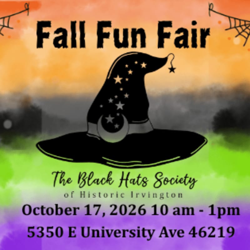 A black witch's hat with stars and a moon sits in the foreground against a colorful orange, grey, and green gradient background featuring event text for a Fall Fun Fair.