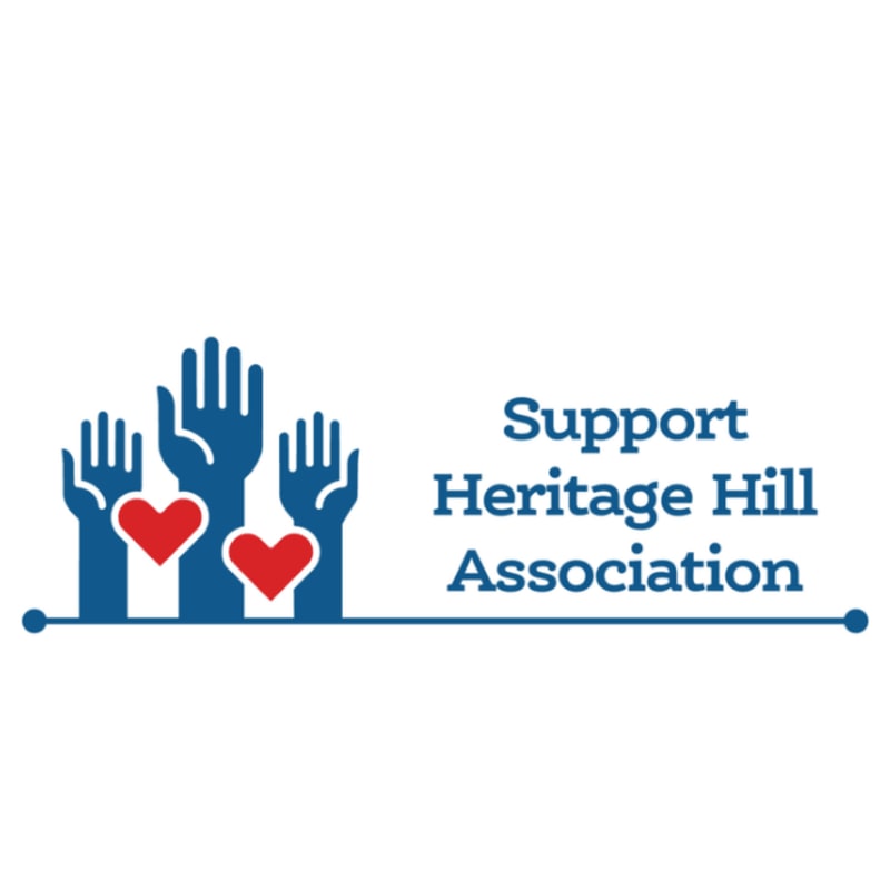 A blue logo featuring three raised hands and two red hearts next to the text "Support Heritage Hill Association" set against a plain white background.