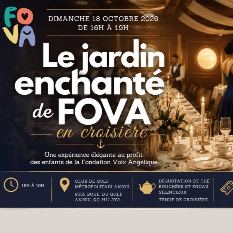 White text advertising an event for FOVA overlays a foreground of an elegantly set dinner table with flowers and candles, set against a background of a luxurious cruise ship interior.