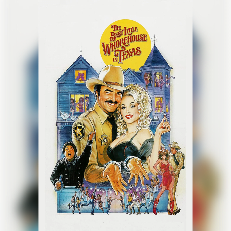 A smiling cowboy and a blonde woman in a low-cut dress stand in the foreground, with a blue building and a yellow title circle in the background.
