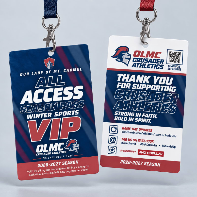 Two sports season passes for OLMC Crusader Athletics are displayed against a plain, light gray background.