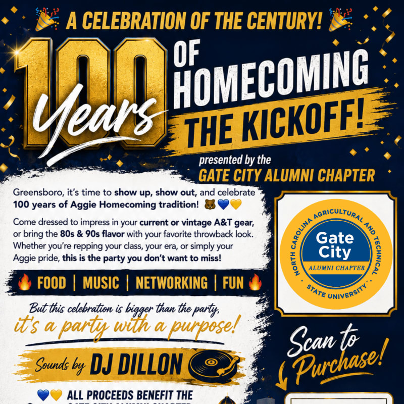 A promotional flyer for a 100th homecoming kickoff event features bold gold and white text in the foreground against a dark blue background accented with gold confetti.
