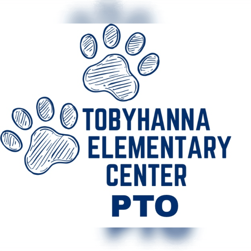 Two blue paw prints sit beside the text "TOBYHANNA ELEMENTARY CENTER PTO" against a plain white background.
