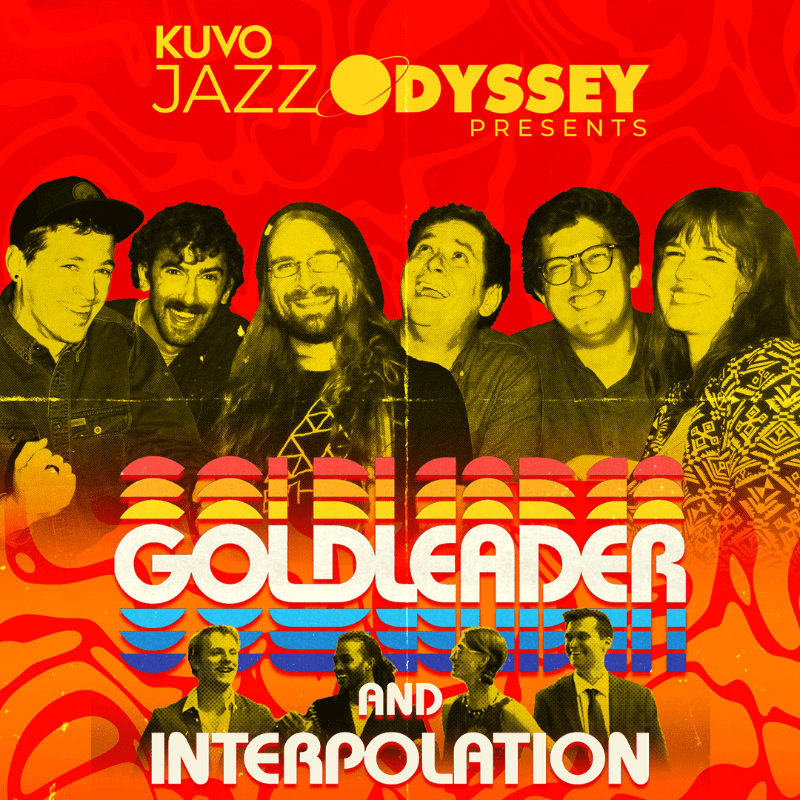 Six smiling musicians stand in the foreground against a vibrant red and yellow abstract background with bold text.