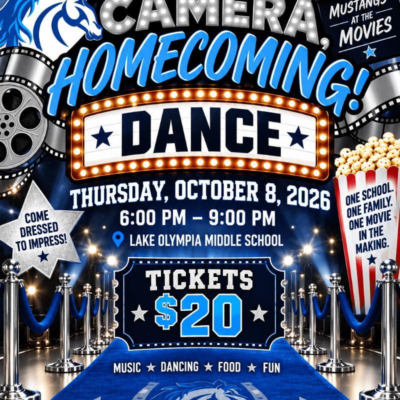 A movie-themed homecoming dance flyer features a blue carpet and velvet ropes in the foreground against a backdrop of film reels, popcorn, and a glowing marquee sign.