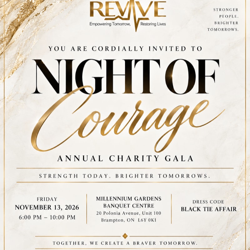 An invitation for the "Night of Courage" annual charity gala is displayed in bold black and gold text over a white marble background with gold veins.