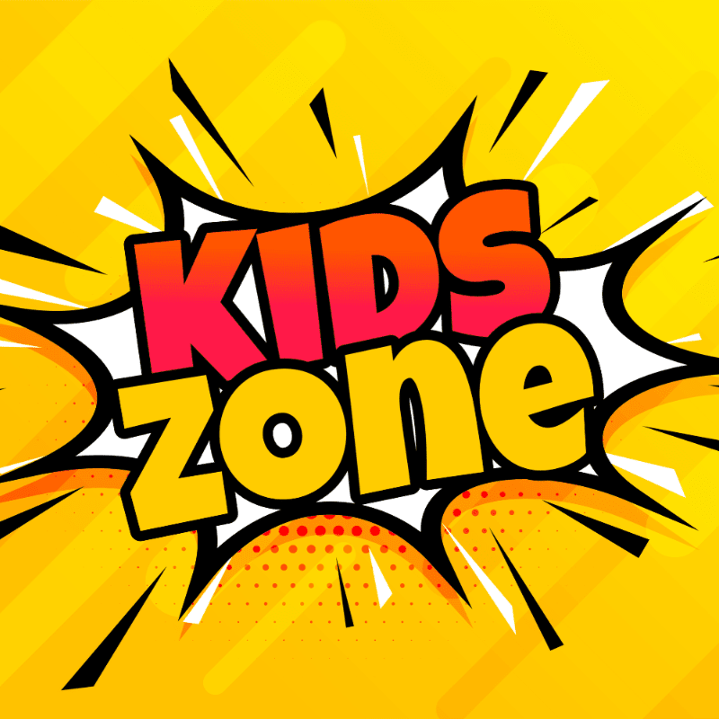 Bold "KIDS zone" text in red and yellow sits inside a comic-style explosion bubble against a bright yellow background with radiating lines.