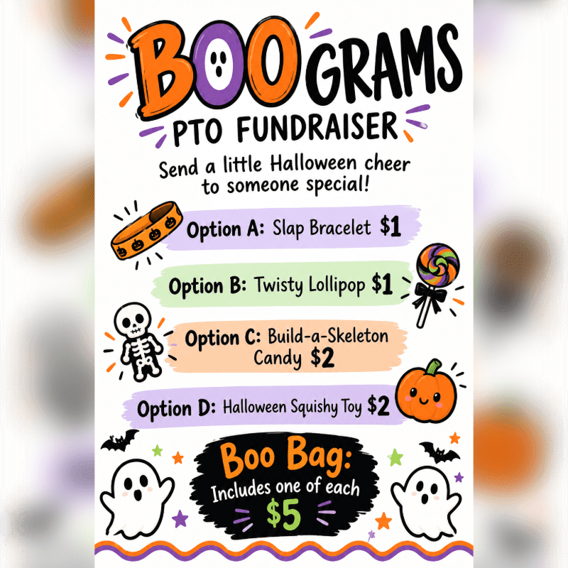 A colorful Halloween "Boo Grams" fundraiser flyer featuring various treat options and ghosts in the foreground against a clean white background.
